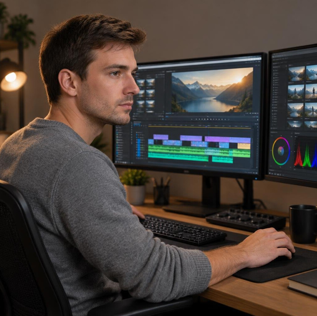 Junger Videoeditor sitzt konzentriert an einem Schnittplatz mit mehreren Monitoren